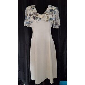 Vtg 80s Midi Dress sheer floral flutter sleeves shawl collar fit & flare 13/14